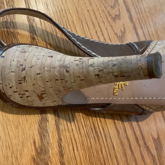 Prada Brown Leather Cork Wedge Sandals Size 36.5 (6 1/2) - Slingback Peep Toe - Picture 15 of 16